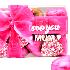 Love Hearts - Foiled and Freckled Hearts Pink and White with ‘Love You Mum’ message and ribbon