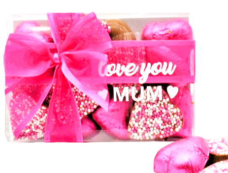Love Hearts - Foiled and Freckled Hearts Pink and White with ‘Love You Mum’ message and ribbon